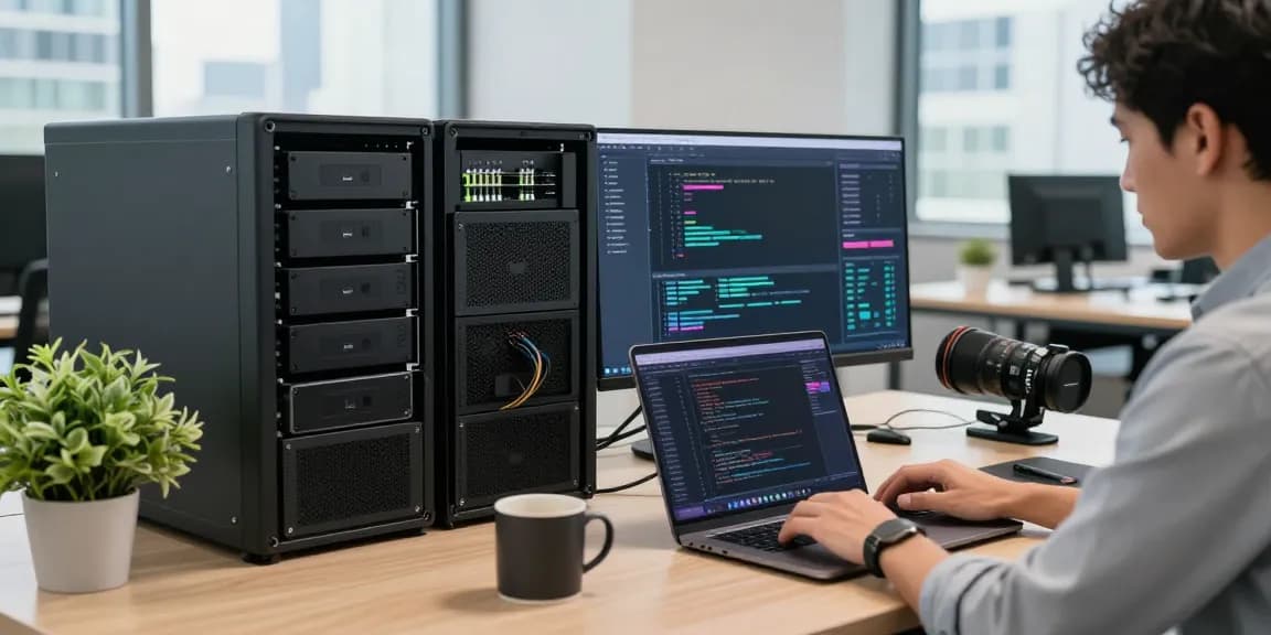 IT professional managing web hosting services in an innovative office setup.