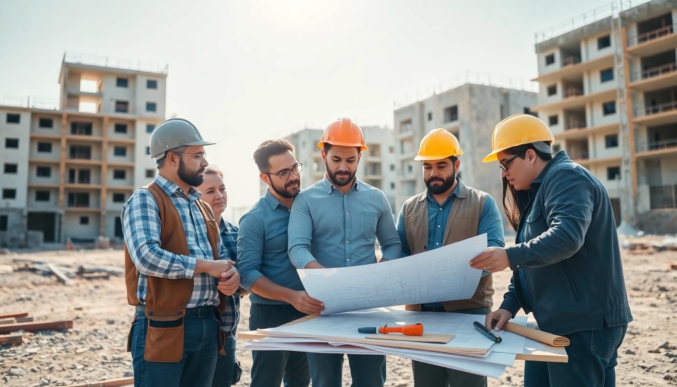 Construction association team collaborating on a building site with blueprints.