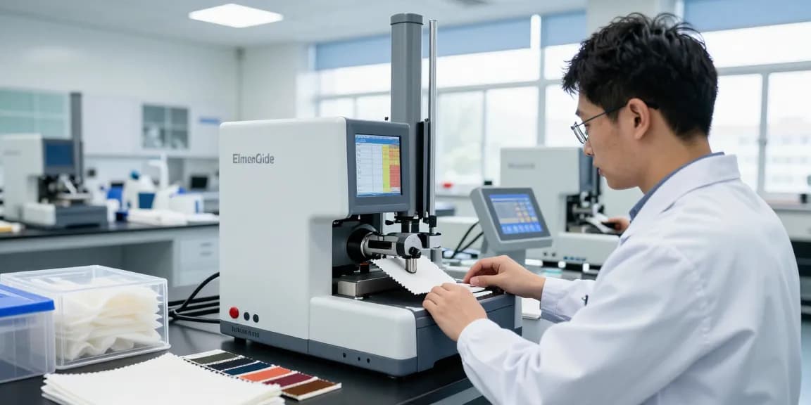 Applying elmendorf tear testing in a modern textile lab with advanced machinery and safety features.
