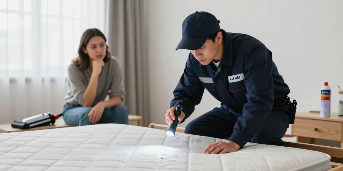 Expert conducting bed bug removal inspection in a client's bedroom.