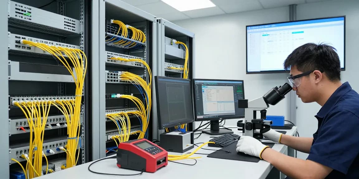 Quality technician working with fiber optic components at a distributor facility