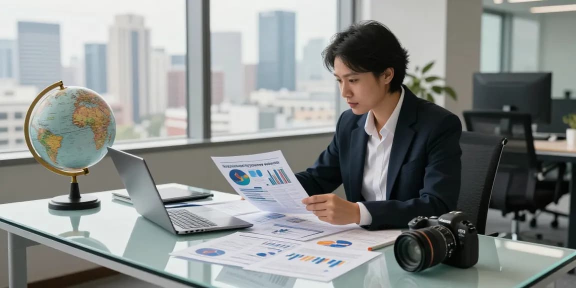 Business professional exploring international project fund lending in a modern office environment.
