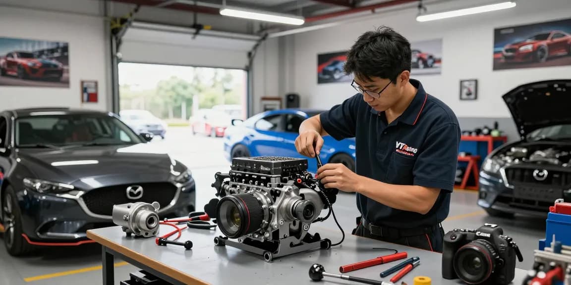 VT Racing Supercharger installation on a Mazda by skilled mechanic in a dynamic automotive garage.