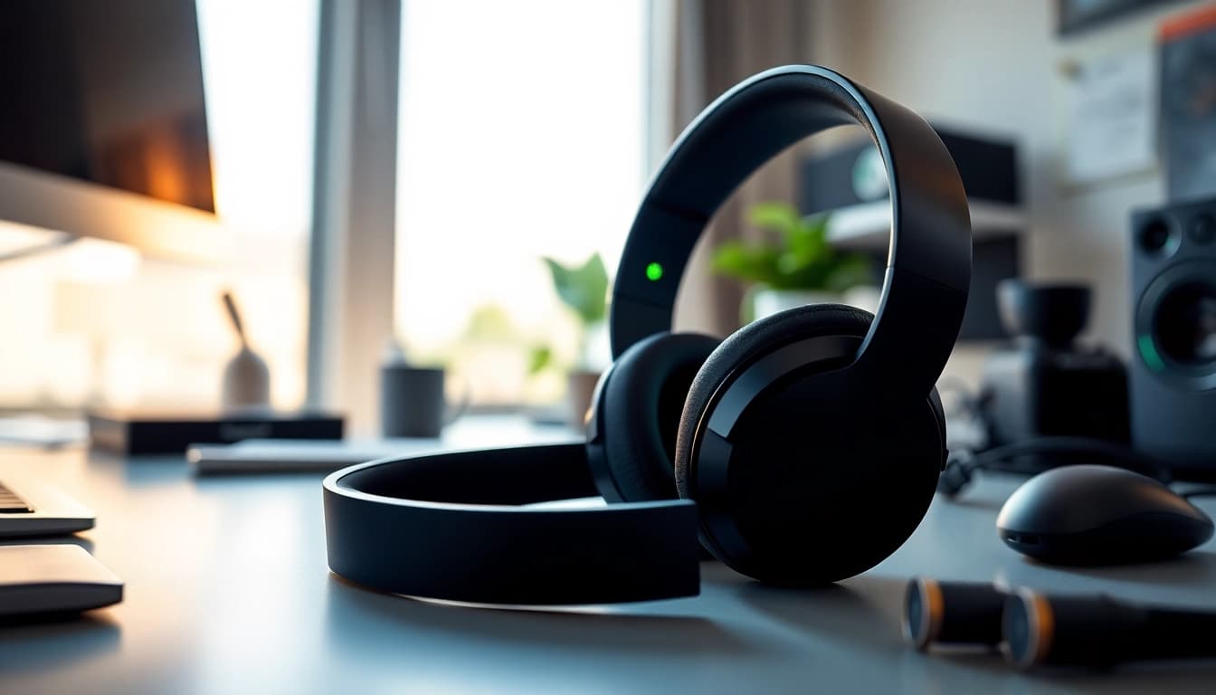 Experience the clarity and design of F1 Bone Conduction Headphones showcased in a modern workspace.