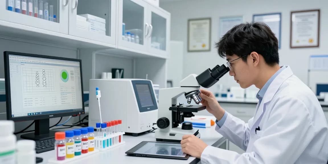 Buy peptides in a professional lab with a researcher analyzing peptide samples for purity.