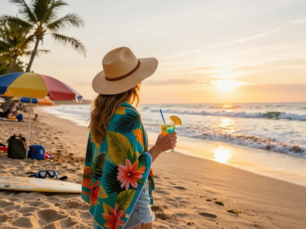 Bali tour adventure at sunset with traveler on beach, palm trees, and ocean waves.