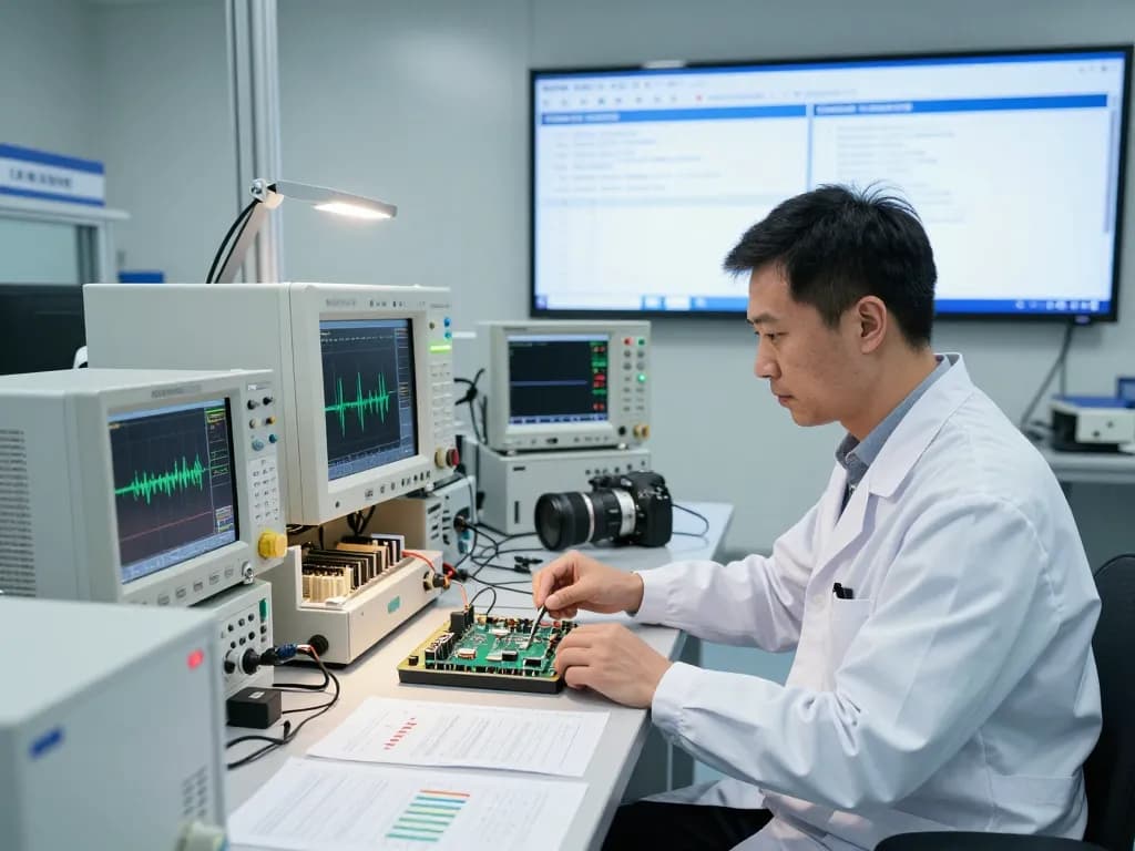 EMC compliance testing in a high-tech lab with advanced equipment and engineer analyzing results.