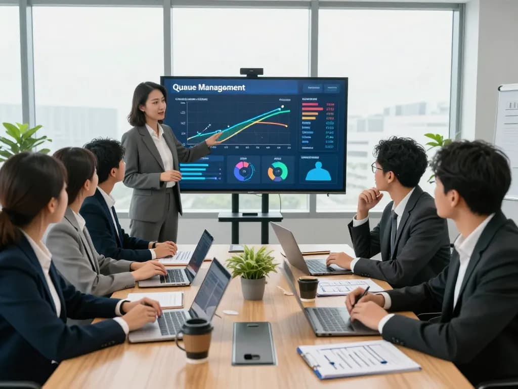 Team discussing queue management solutions in a modern office, focused on optimizing customer flow and service efficiency.
