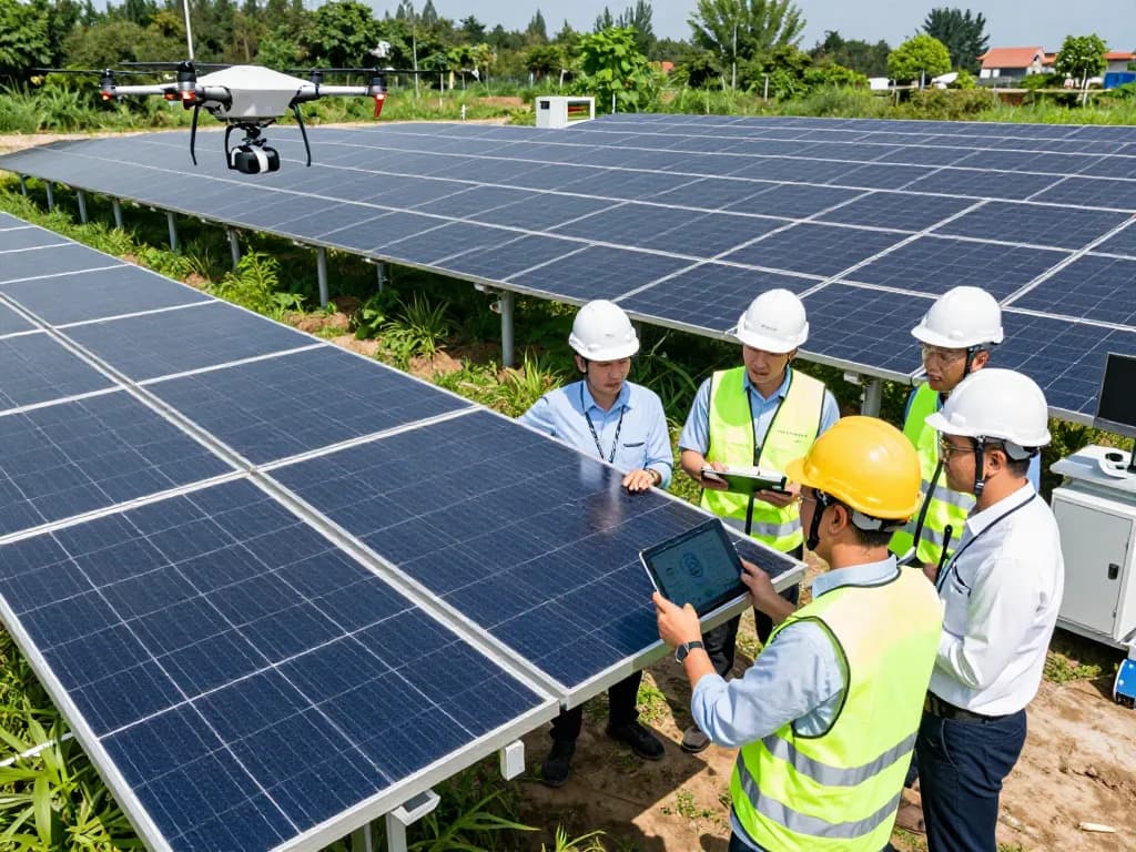 Engineers inspecting high-efficiency moduli per impianti fotovoltaici industriali at a large-scale solar installation, promoting renewable energy.