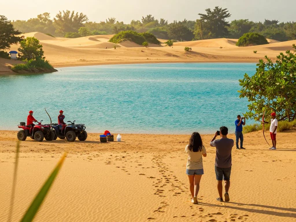 Blue Lake Bintan showcasing stunning turquoise water and desert-like sand dunes with visitors capturing memories.