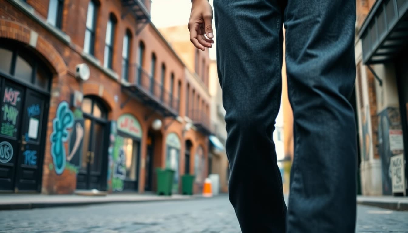 A stylish adult wearing baggy black jeans in an urban setting with vibrant street art.