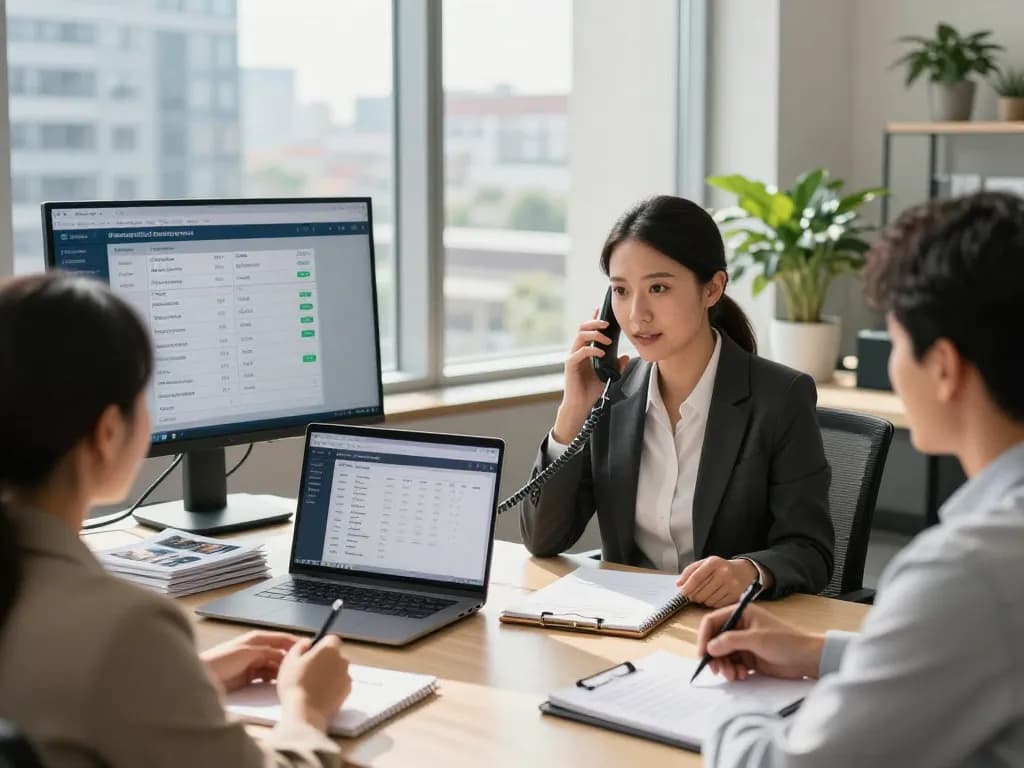 AI receptionist for property management assisting a professional in a modern office with digital displays and tenant inquiry notes.