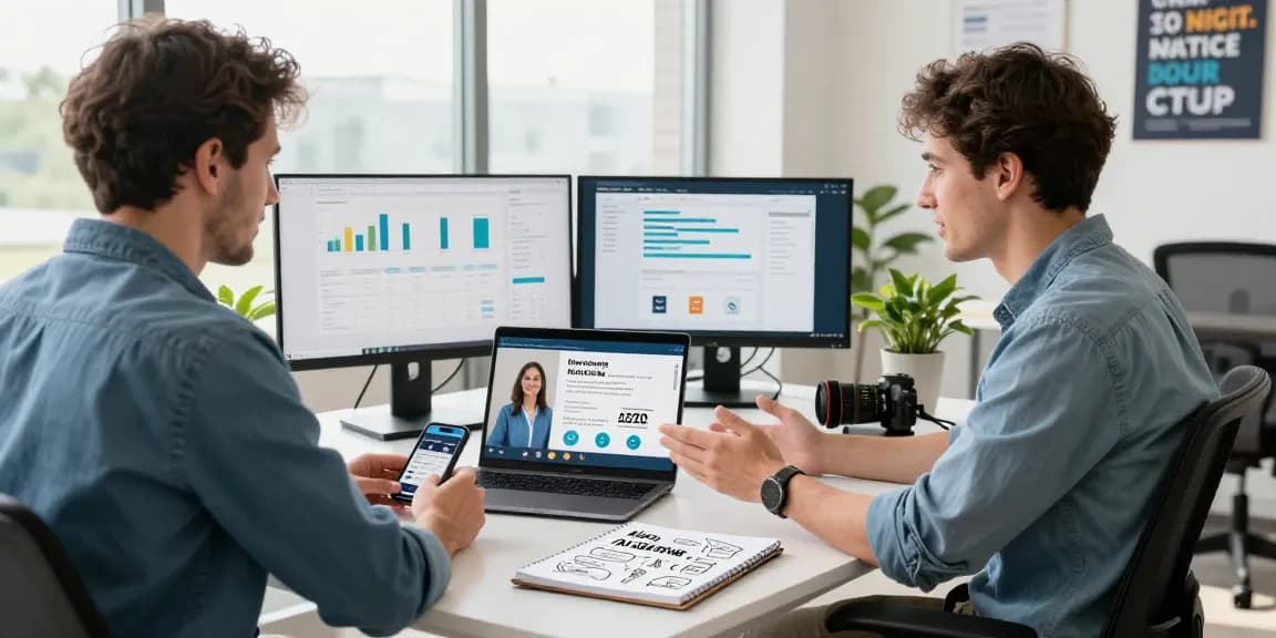 Automate my social media with a thriving small business owner using AI tools and analytics in a modern office.