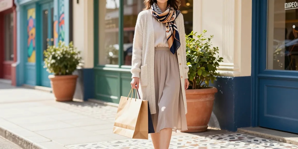 Woman showcasing stylish modest clothing in vibrant urban setting with shopping bag, reflecting contemporary fashion.