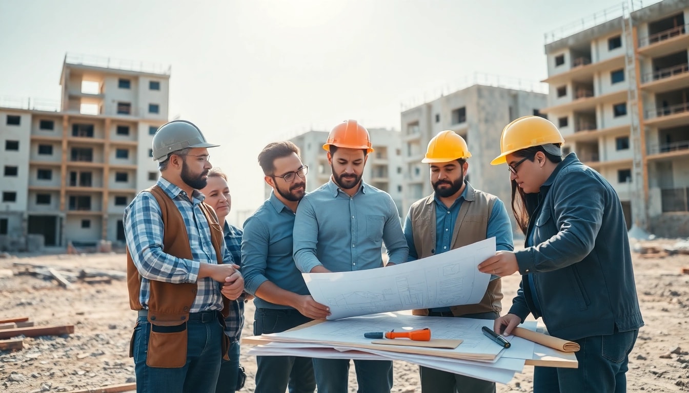 Construction association team collaborating on a building site with blueprints.