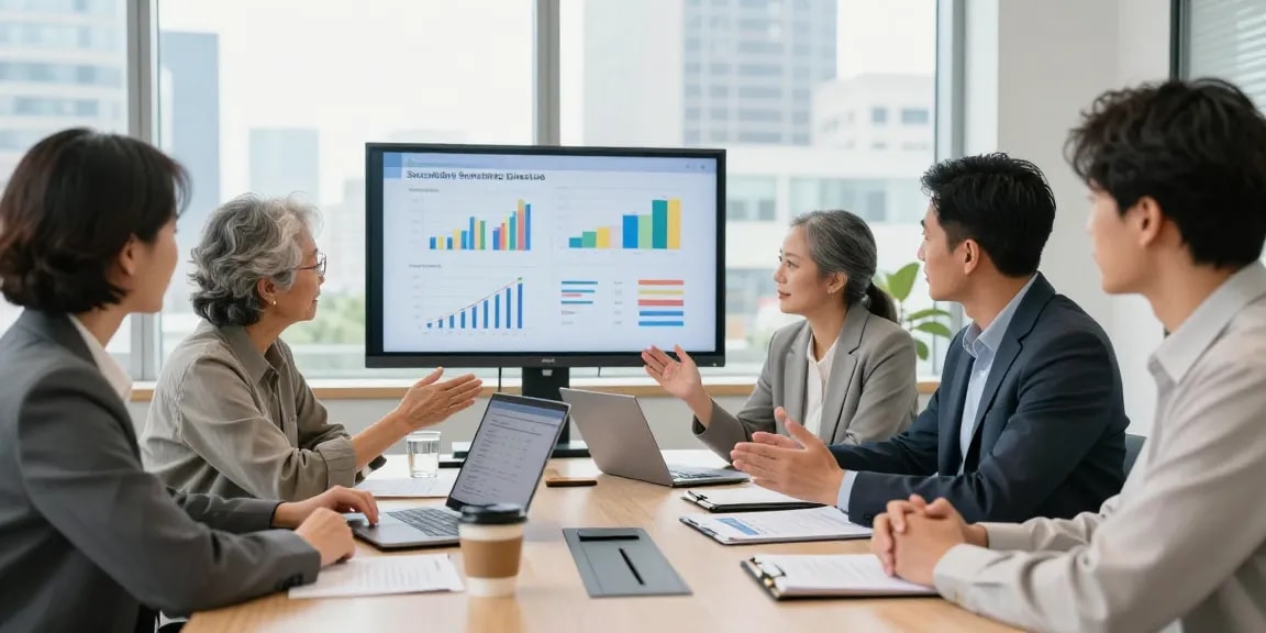 Discussing social security benefits with financial advisors in a modern office.