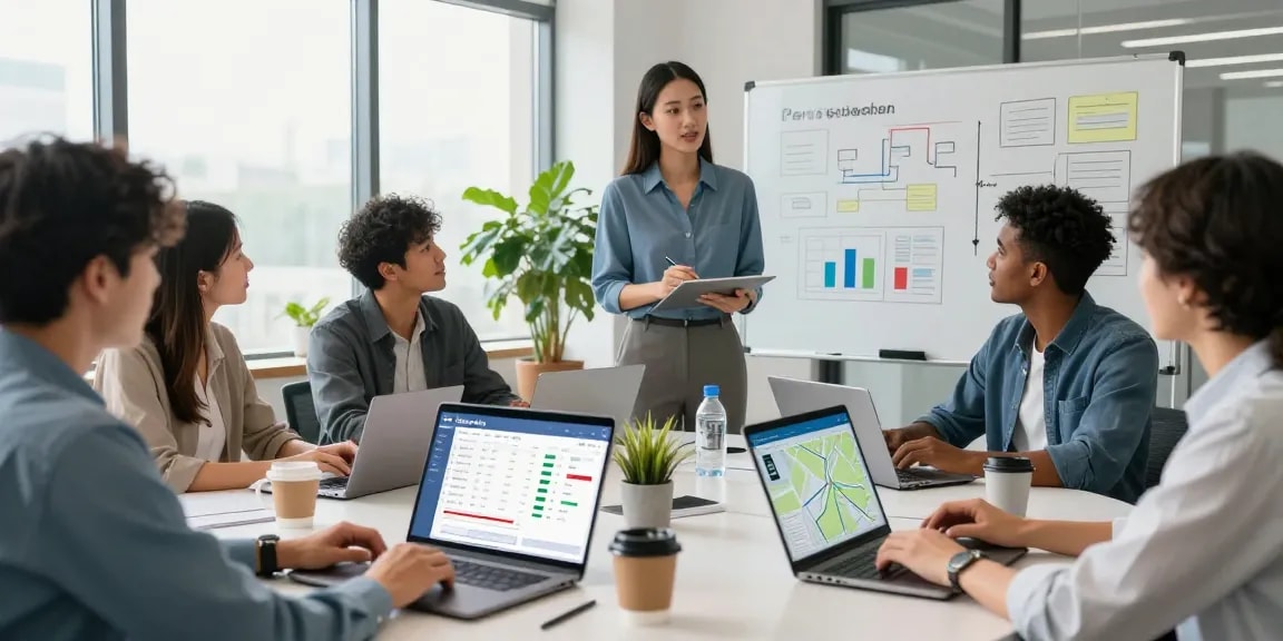 Active collaboration in a modern office using an Uber-like service booking platform for streamlined job management.