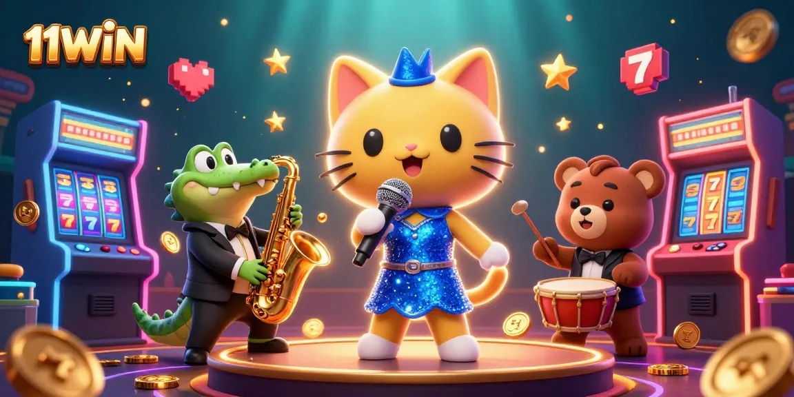 Experience vibrant gaming fun with 11WIN featuring a lively jazz-singer cat on stage.