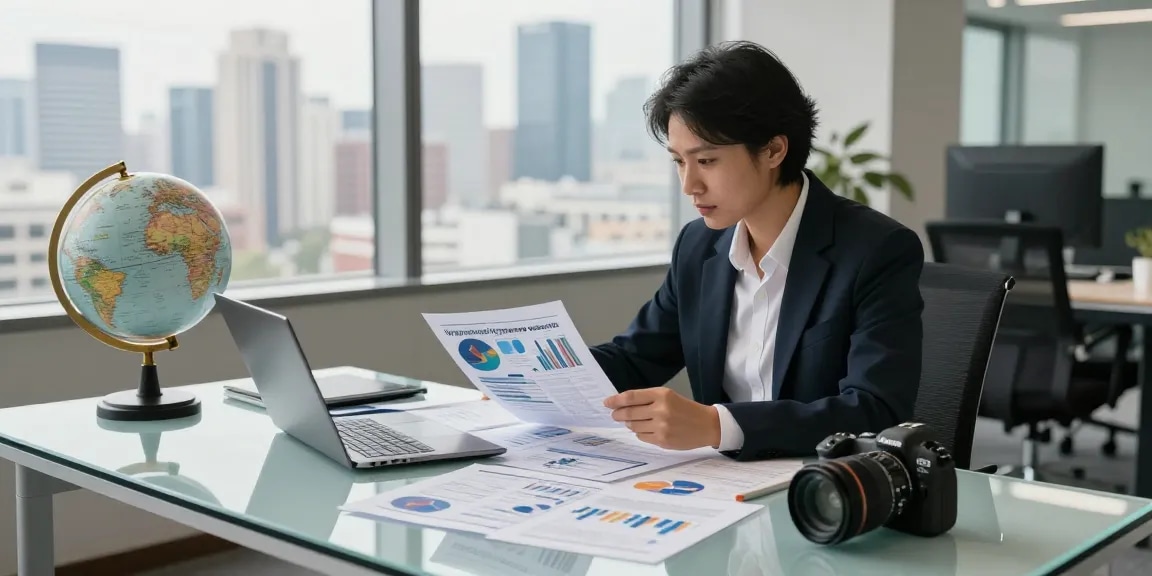 Business professional exploring international project fund lending in a modern office environment.