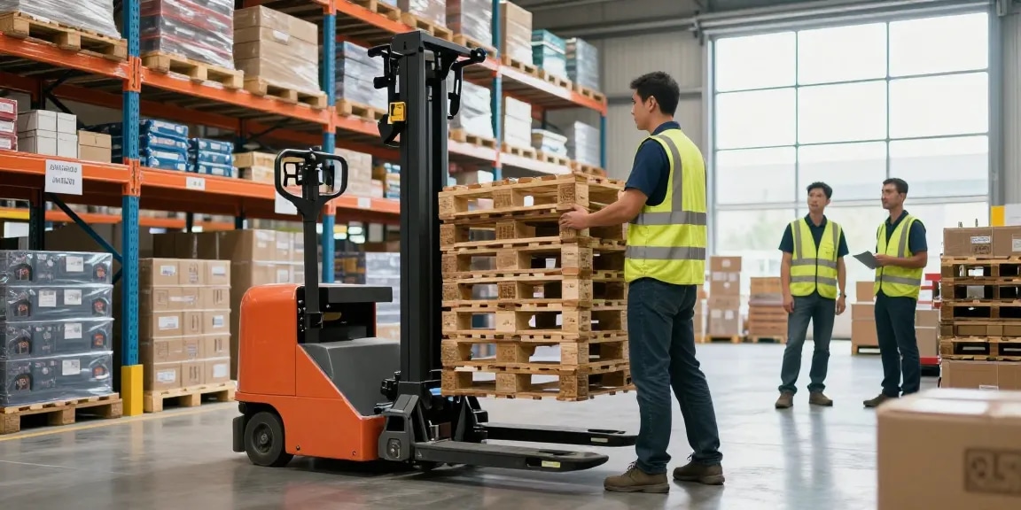 Operator skillfully using a pallet truck in a bright, busy warehouse, showcasing efficient material handling.