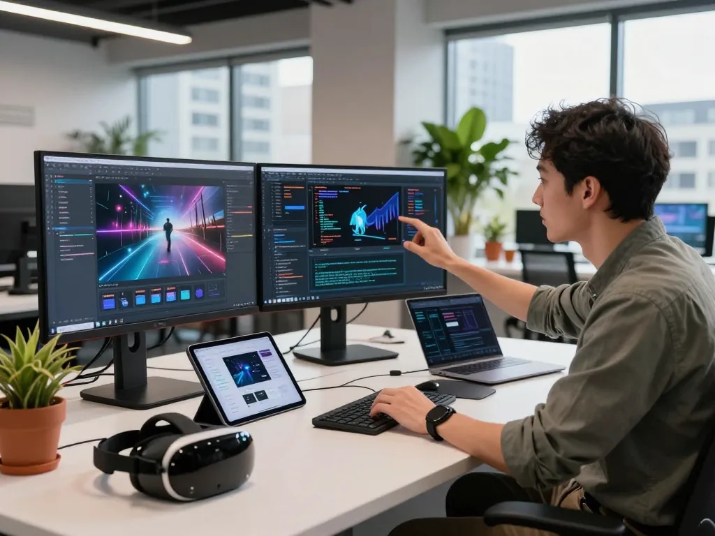 Dynamic workspace showcasing motion control AI technology, highlighting innovative software development with mind control ai applications.