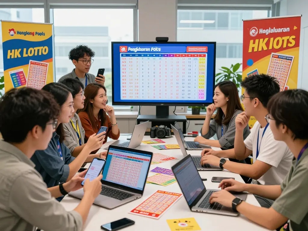 Pemain yang terlibat memeriksa hasil Pengeluaran HK Lotto di perangkat dalam suasana lotere yang semarak, menunjukkan kegembiraan dan komunitas.