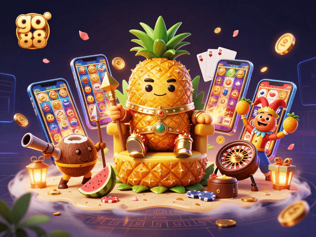 Engage in thrilling gameplay with go 88 at the vibrant beach casino featuring a whimsical pineapple king.