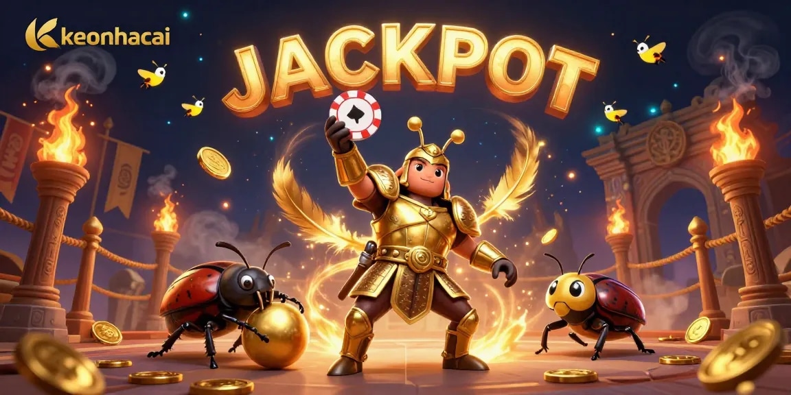 Win big with keonhacai in a vibrant casino atmosphere featuring cartoon beetles and glowing effects.