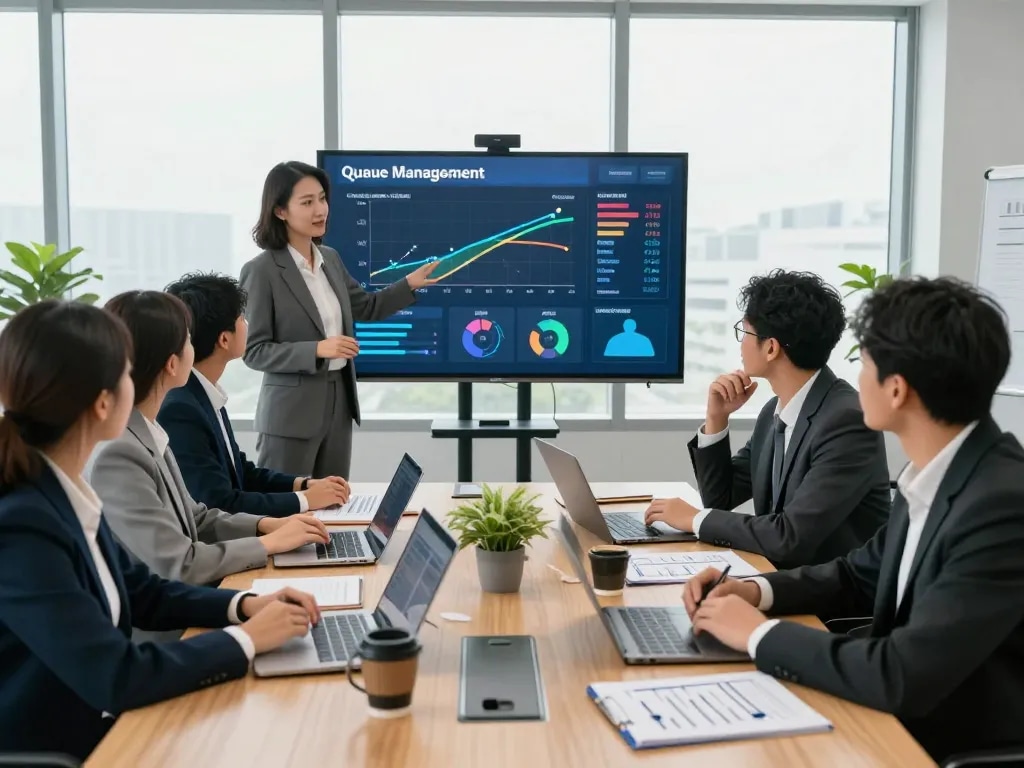 Team discussing queue management solutions in a modern office, focused on optimizing customer flow and service efficiency.