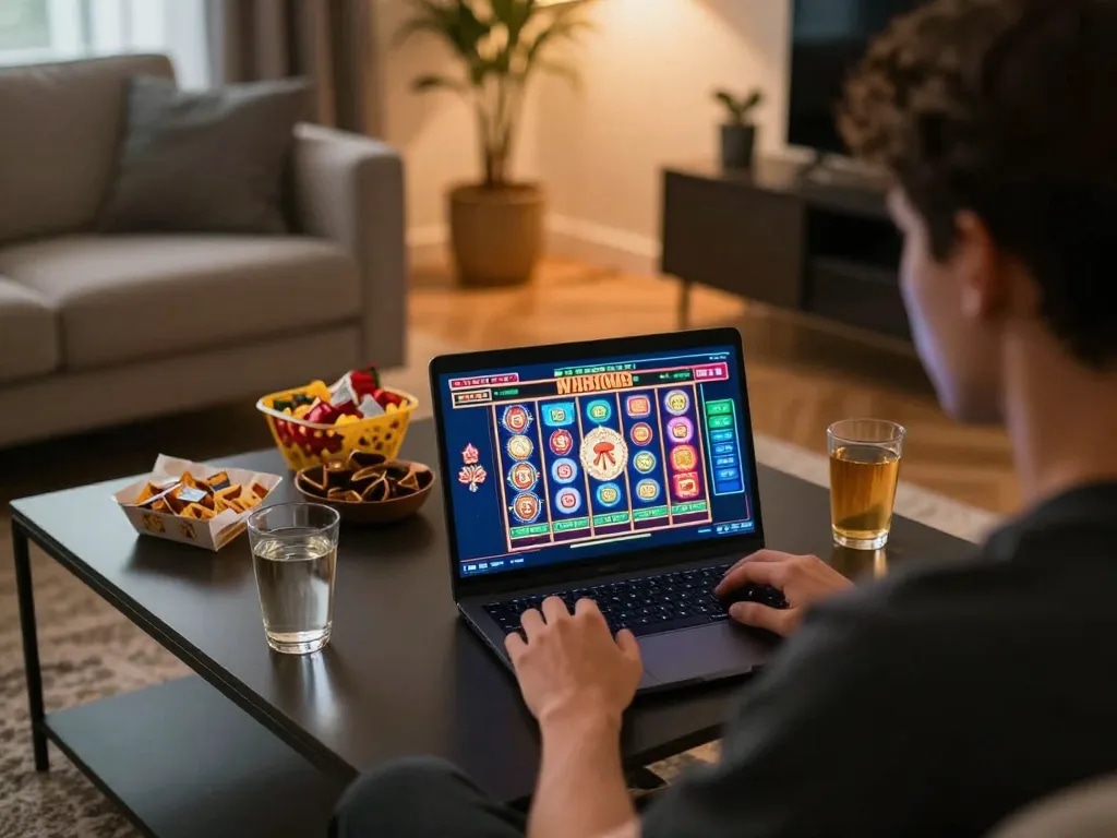 Engaging in online gameplay at home with xo88 slots interface visible on laptop screen.