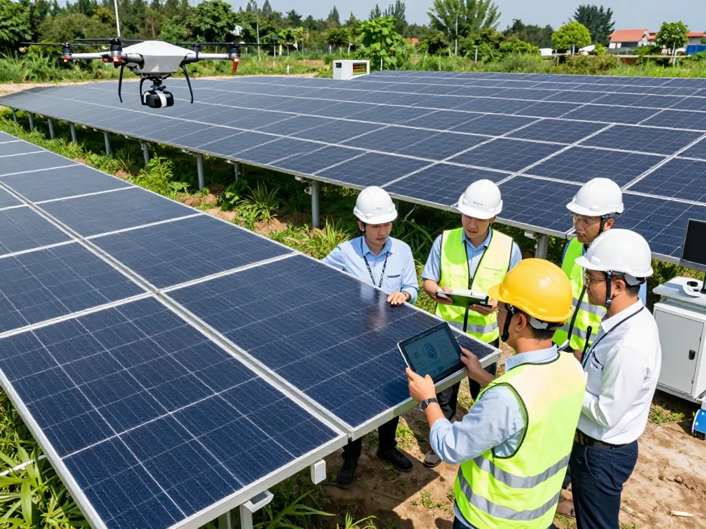 Engineers inspecting high-efficiency moduli per impianti fotovoltaici industriali at a large-scale solar installation, promoting renewable energy.