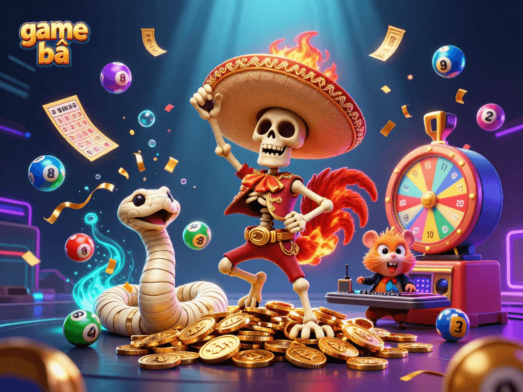 Engage in thrilling game bài moments with a vibrant 3D carnival of characters and energetic elements.