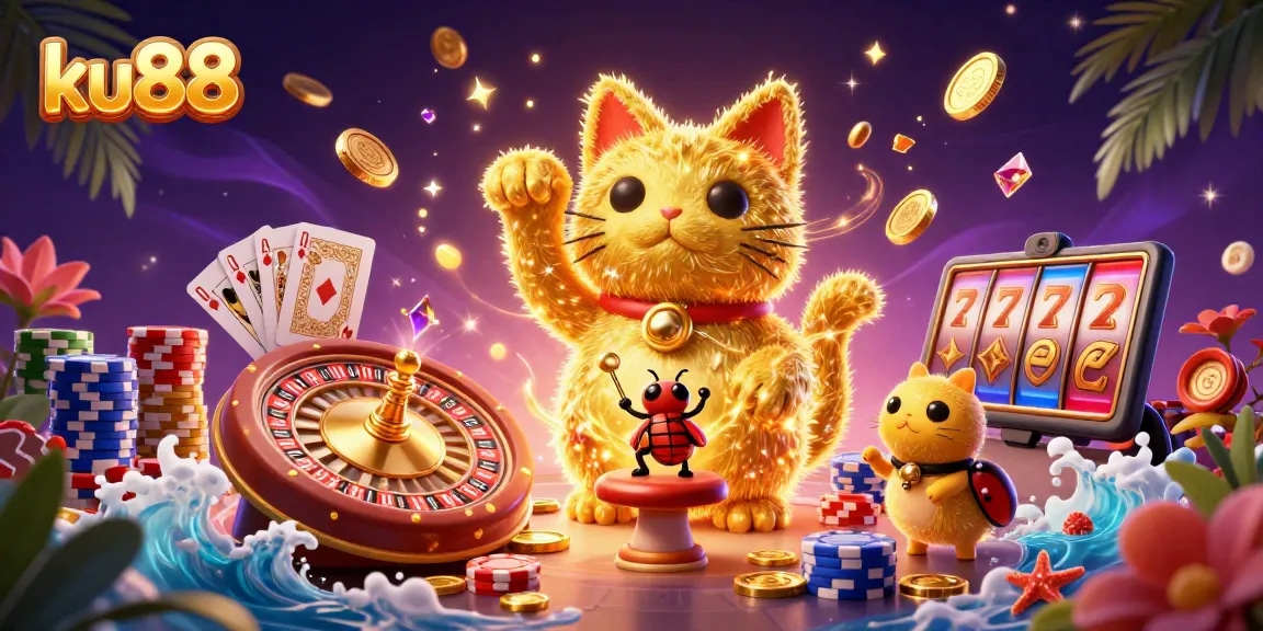 ku88 showcases a vibrant digital illustration of a lucky cat and casino symbols, enhancing gambler excitement.
