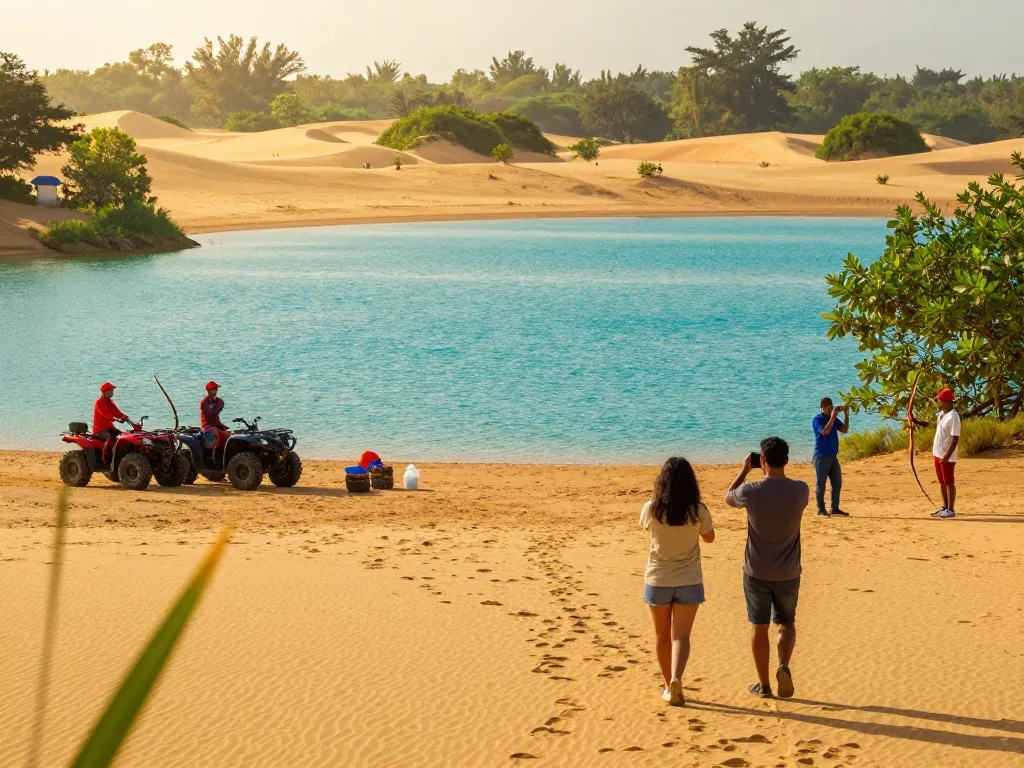 Blue Lake Bintan showcasing stunning turquoise water and desert-like sand dunes with visitors capturing memories.