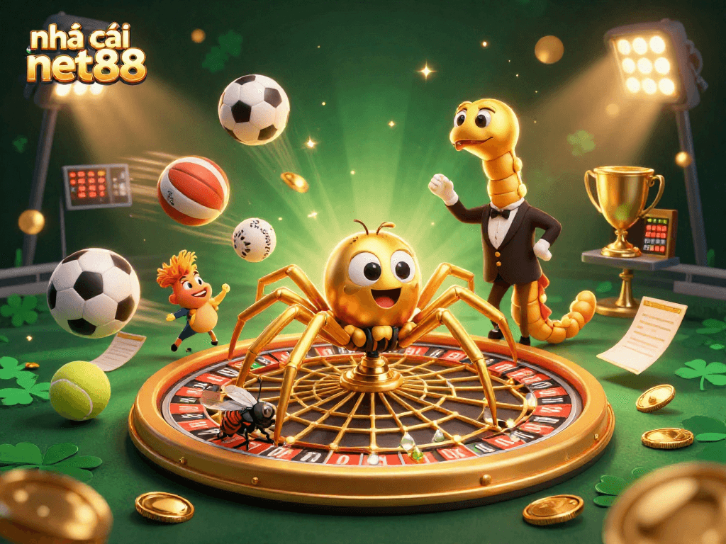 Experience the excitement of nhà cái net88 with a golden spider web roulette and vibrant sports betting.