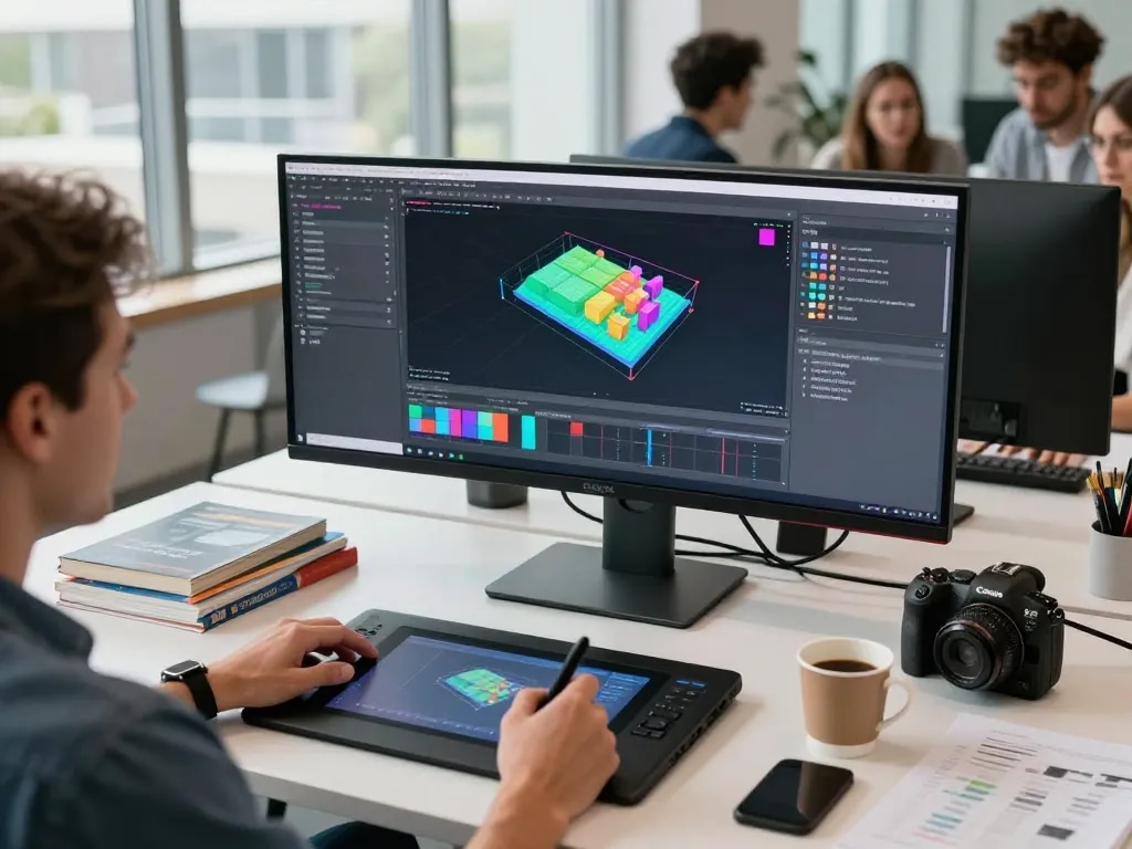 Designer generating CAD models from text to CAD in a tech workspace