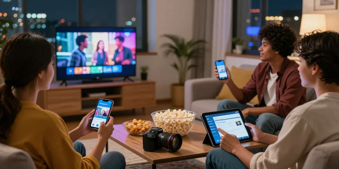 Pikashow movie night scene with friends using devices to stream movies in a cozy living room.