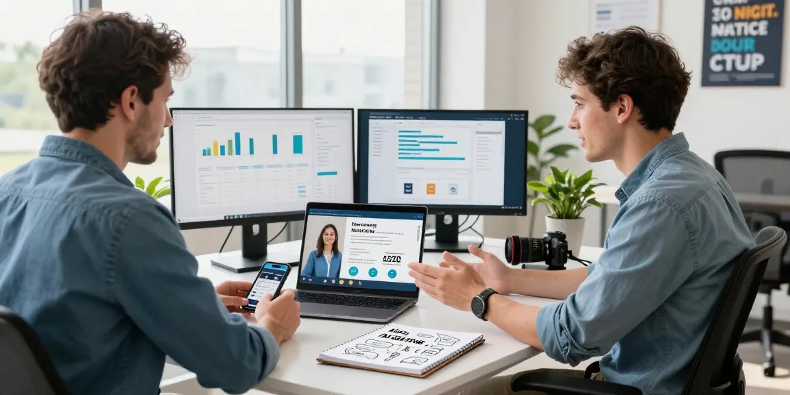 Automate my social media with a thriving small business owner using AI tools and analytics in a modern office.