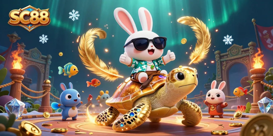 Play exciting games at SC88 with a lucky rabbit and golden sea turtle illustration!