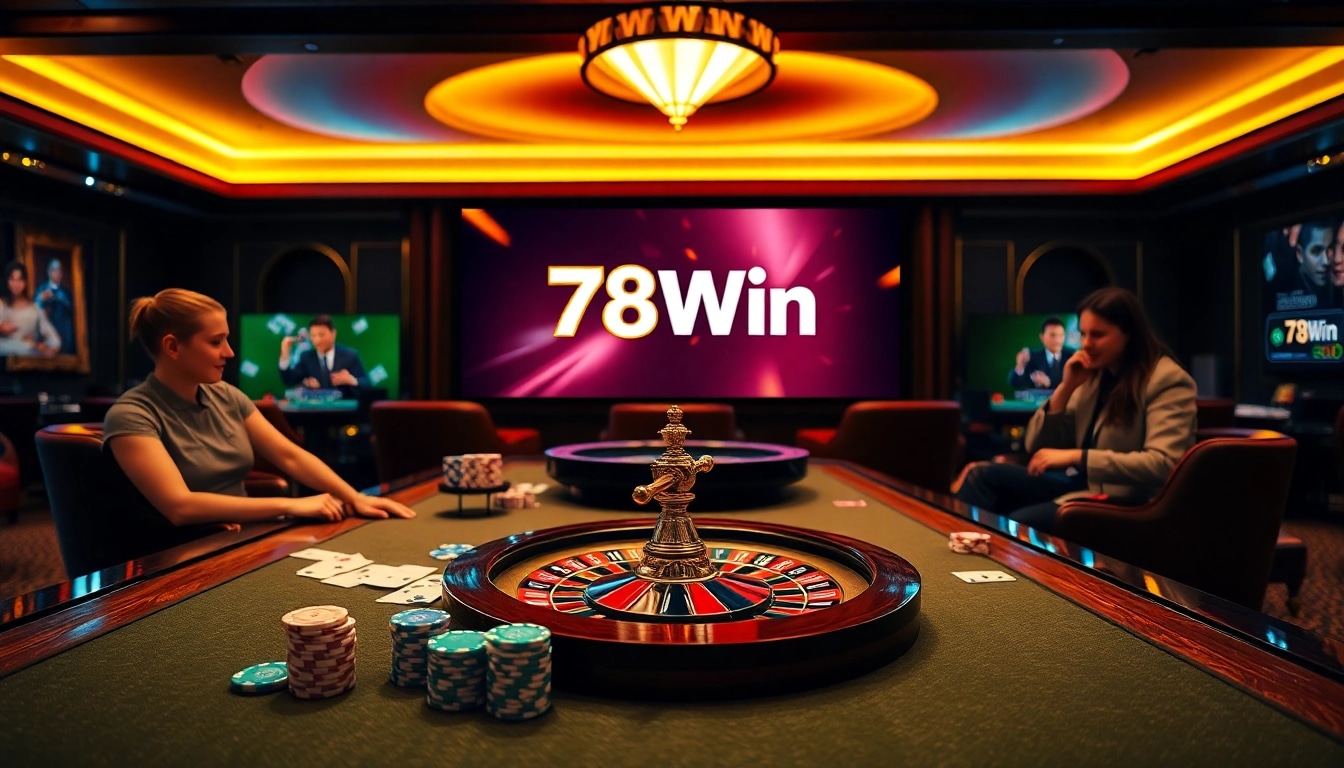 Gamblers enjoying a thrilling game experience at 78Win casino table, featuring poker chips and cards.