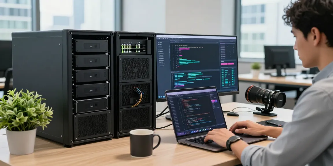 IT professional managing web hosting services in an innovative office setup.