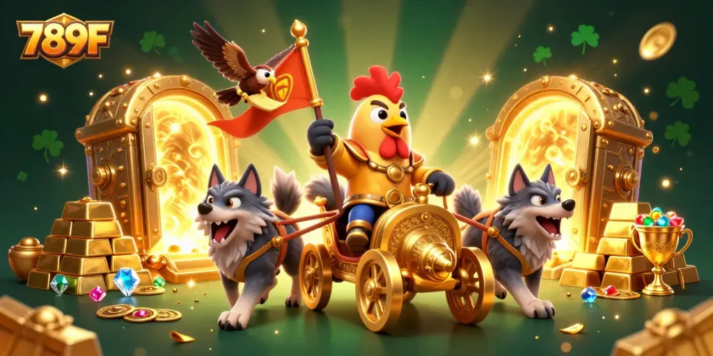 Engage with 789F: A dynamic 3D casino scene featuring a rooster warlord amidst golden treasures.