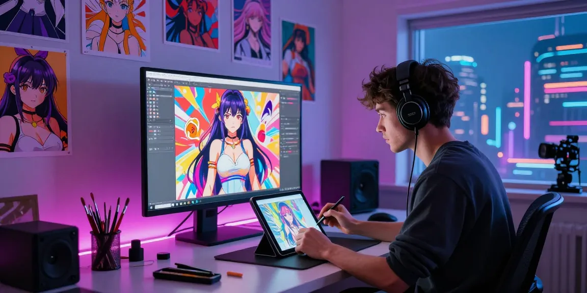 AI ecchi artist creating vibrant anime digital art in a futuristic studio