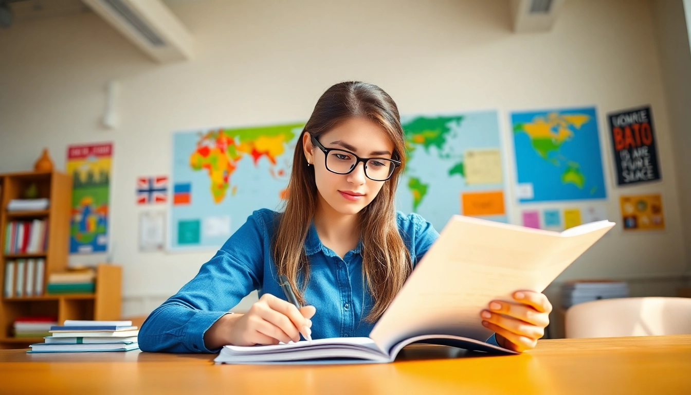 Pay someone to take TOEFL exam, showcasing a student in a vibrant classroom studying intently.