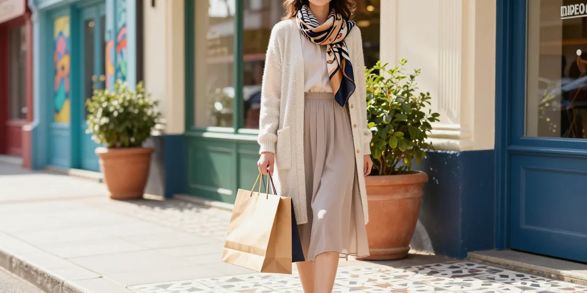 Woman showcasing stylish modest clothing in vibrant urban setting with shopping bag, reflecting contemporary fashion.
