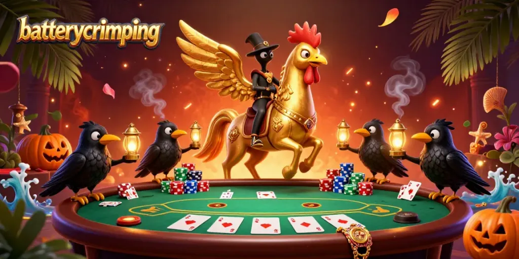 Experience the excitement of batterycrimping as the golden rooster and crows illuminate the casino with poker elements.