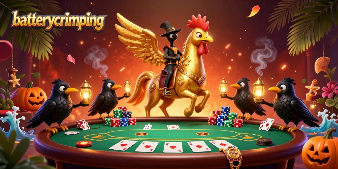 Experience the excitement of batterycrimping as the golden rooster and crows illuminate the casino with poker elements.