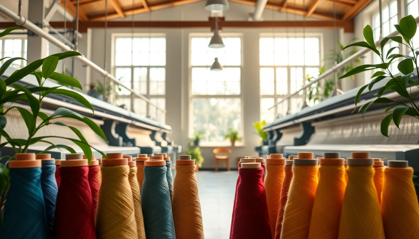 Katoen spools en weefmachines in een serene werkplaats met natuurlijke verlichting.