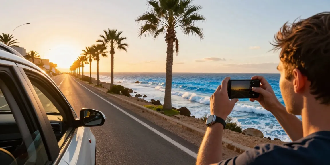 Agadir Car Rentals along the scenic coastal road with waves and sunset.