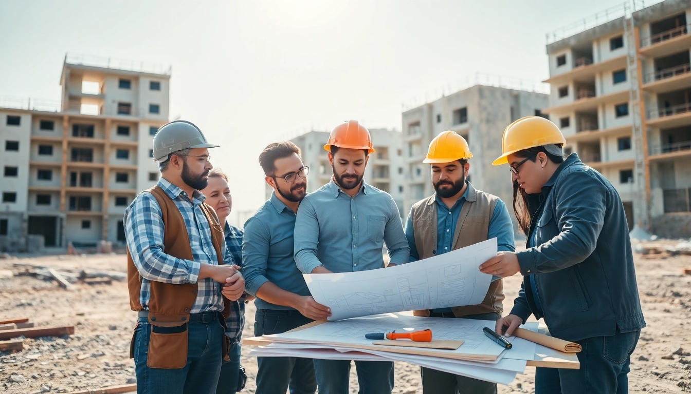 Construction association team collaborating on a building site with blueprints.